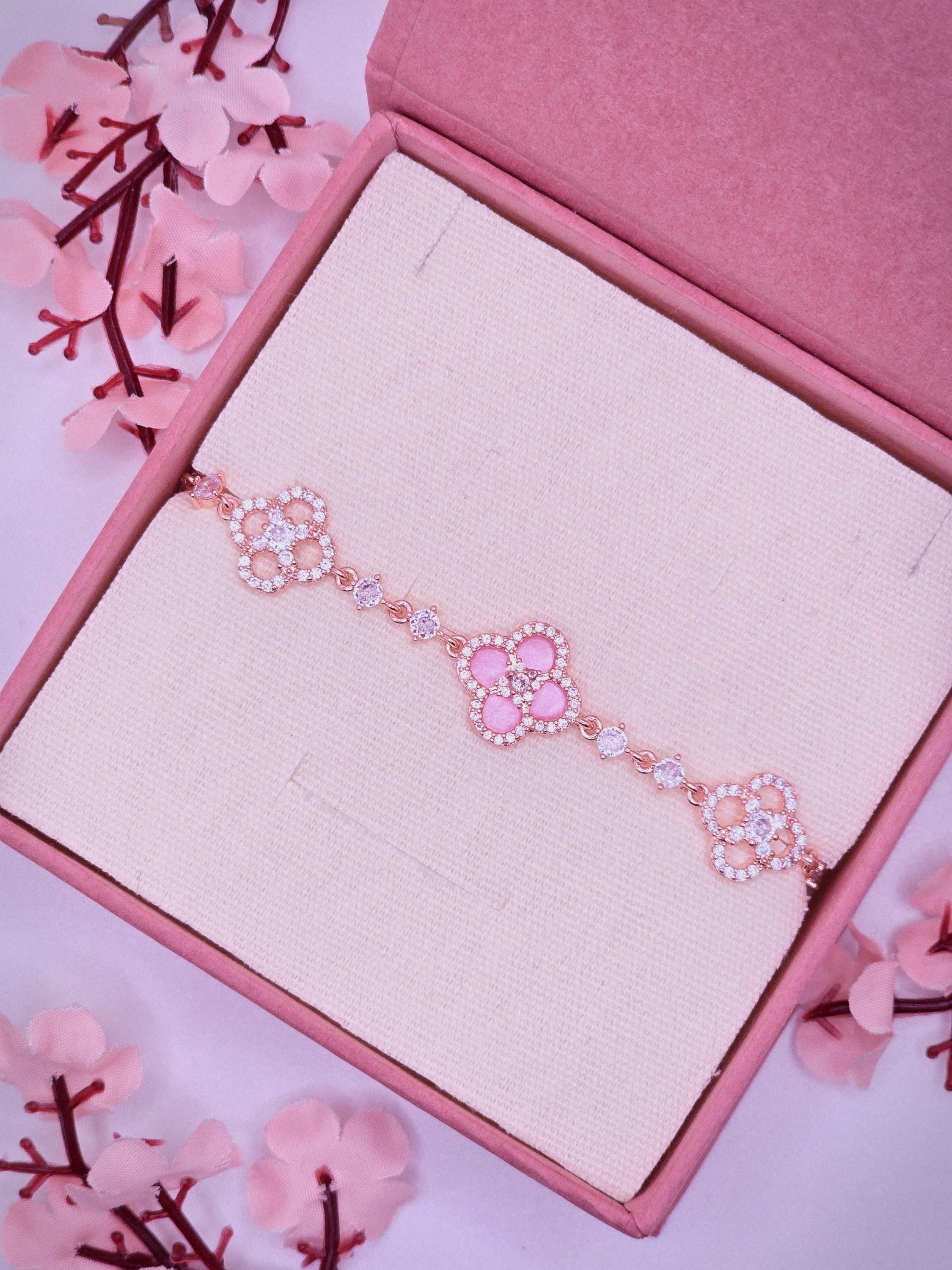 18k Rose Gold Sakura Clover Bracelet, Four-leaf Pink Mother of