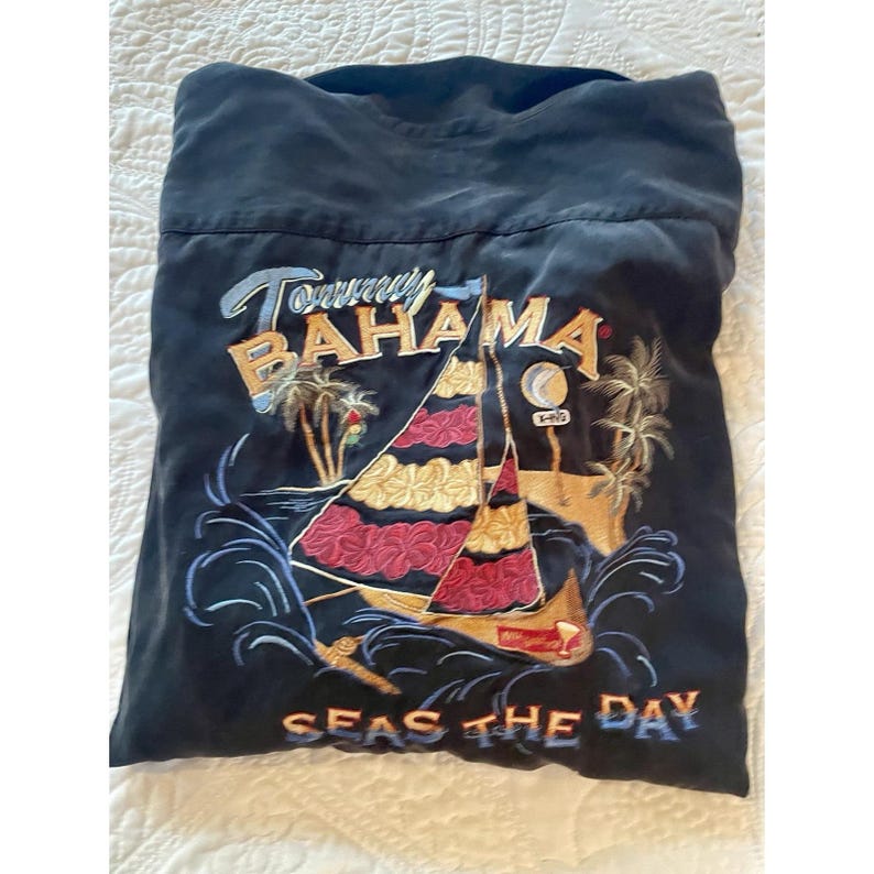 Tommy Bahama Men's Y2K Embroidered Silk Shirt XXL "Seas the Day" Sailboat Island image 7
