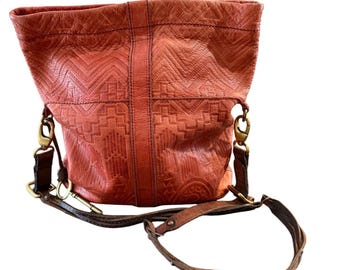 Fossil Vintage Revival Embossed Y2K Leather Bag Rust Crossbody Flap Charm purse