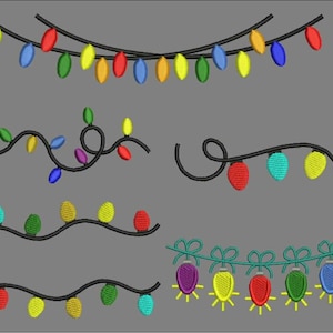 May include: A collection of embroidered Christmas light strings in various designs. The lights are in a variety of colors, including red, yellow, green, blue, and purple, with black wiring. The image is on a gray background.