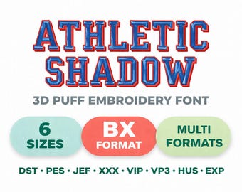 Fonte de bordado Athletic Shadow, fonte Monogram BX, alfabeto para bordado à máquina, fonte PES para bordado, fonte de bordado Varsity PE BX