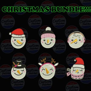 May include: Embroidered Christmas snowman patches in various designs, including a snowman wearing a Santa hat, earmuffs, and a top hat. The text "CHRISTMAS BUNDLE!!!" is at the top.