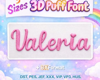 Fonte de bordado 3D Puff | Alfabeto Valeria Script | Letras de bordado Puff | Fonte Dst Pes Jef xxx hus BX