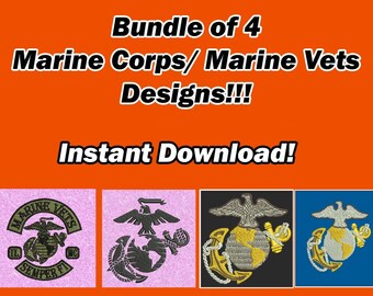 Pacote com 4 desenhos de bordado do Corpo de Fuzileiros Navais dos EUA, desenhos de bordado de veteranos da Marinha, arquivos digitais para máquina de bordar, Corpo de Fuzileiros Navais dos EUA, download instantâneo.