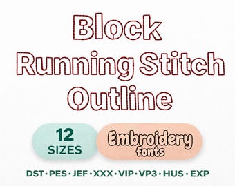 Fonte de bordado Block Run Outline, Fonte BX, Alfabeto para bordado à máquina, Fonte de ponto corrido para bordado, Fonte PES pequena BX dst jef