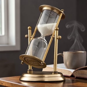 May include: An antique-style hourglass with a brass-colored frame and clear glass chambers. White sand is flowing from the top chamber to the bottom. The hourglass is set on a brass base, with a cup and book in the background.