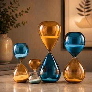May include: A collection of four glass hourglasses of varying sizes. Two hourglasses feature blue glass bulbs with yellow sand, while the other two feature amber glass bulbs with blue sand. The hourglasses are arranged in a group on a flat surface.