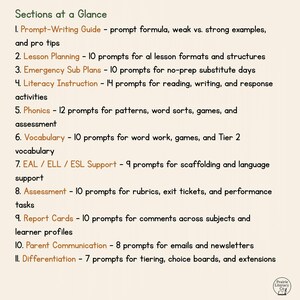 May include: A cream-colored page with the title "Sections at a Glance" and a list of 11 educational topics. The topics include prompt writing, lesson planning, literacy instruction, phonics, vocabulary, and assessment. The Prairie Literacy Co. logo is in the bottom right corner.