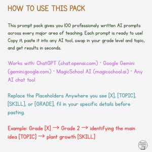 May include: A white background with text that reads "HOW TO USE THIS PACK." The text describes a prompt pack with 100 AI prompts for teaching. Instructions are provided for use with various AI tools, including ChatGPT and Google Gemini.