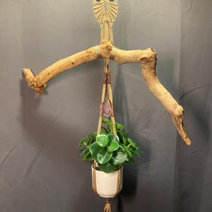 Boho Plant Hanger Macramè-Natural Sycamore tree branch-Owl design with Agate stone-Shelf and artificial plant included-Energy cleanse.*•.