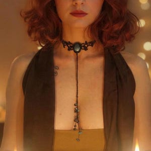 Sensual necklace•Romantic date jewelry•Boho Goth Black Micro Macrame Choker w/ Larvikite stone and obsidian scales•Victorian era style gift