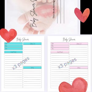 Puede incluir: Un diario de notas de baby shower con un fondo borroso de pies de bebé. El diario incluye páginas para registrar detalles, listas de compras y regalos. La portada dice "Baby Shower Notes".