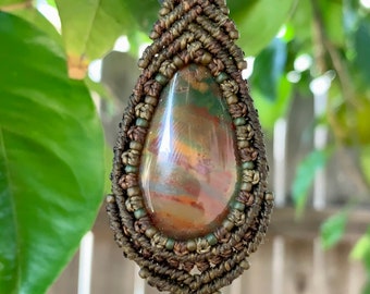 Bloodstone macrame wrapped cabochon pendant handmade jewelry