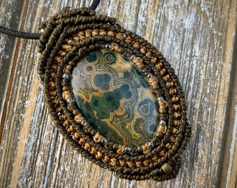 Ocean Jasper macrame wrapped stone pendant macrame jewelry cabochon