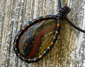 Tiger Iron macrame wrapped stone pendant macrame jewelry cabochon