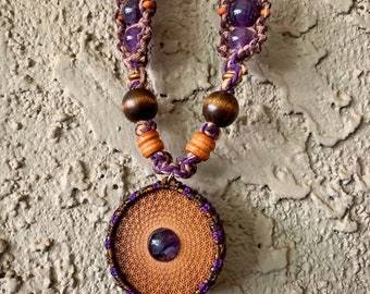 Laser Trees pendant collab amethyst laser cut wood hemp necklace gypsy jewelry festival wear macrame flower of life picture jasper