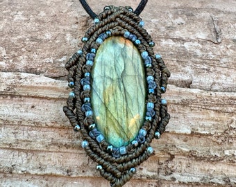 Labradorite macrame wrapped stone pendant macrame jewelry cabochon