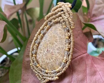 Coral Fossil macrame wrapped stone pendant macrame jewelry cabochon
