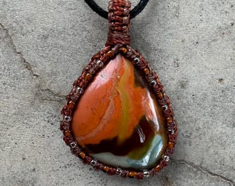 Polychrome Jasper macrame wrapped stone pendant macrame jewelry cabochon