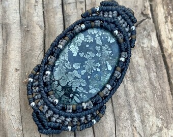 Marcasite macrame wrapped stone pendant pyrite