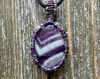 Amethyst macrame wrapped stone pendant macrame jewelry carved cabochon