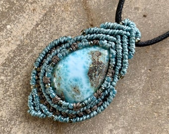 Larimar macrame wrapped stone pendant