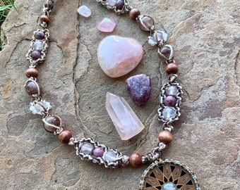 Rose Quartz Laser Trees collab macrame hemp necklace