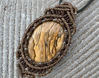 Picture Jasper macrame wrapped stone pendant