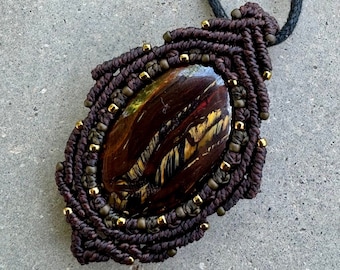 Tiger Iron macrame wrapped stone pendant macrame jewelry cabochon