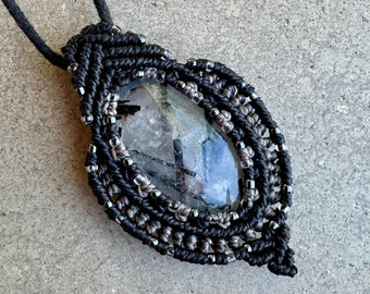 Tourmalinated Quartz macrame wrapped stone pendant