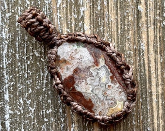 Crazy Lace Agate macrame wrapped stone pendant macrame jewelry cabochon