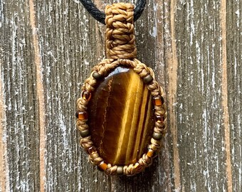 Tigers Eye macrame wrapped stone pendant macrame jewelry cabochon