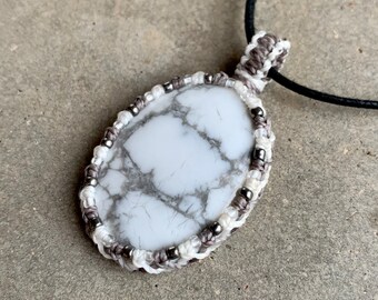 Howlite macrame wrapped cabochon pendant handmade jewelry