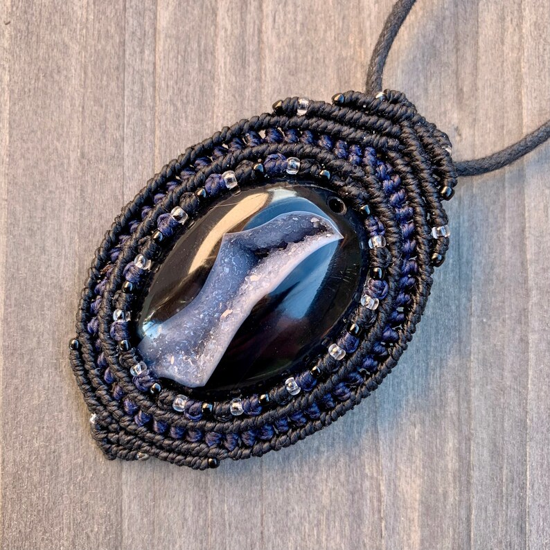 Black Druzy macrame wrapped cabochon pendant handmade jewelry image 5