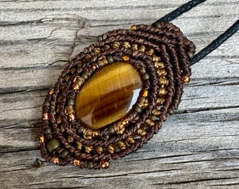 Tigers Eye macrame wrapped stone pendant macrame jewelry cabochon