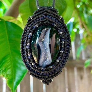 Black Druzy macrame wrapped cabochon pendant handmade jewelry image 6