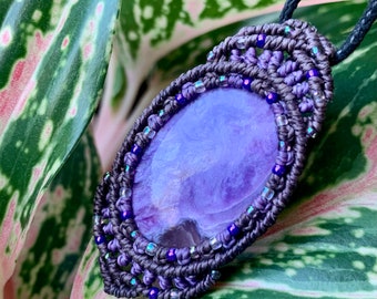 Charoite macrame wrapped stone pendant