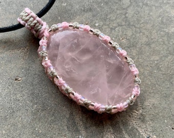 Rose Quartz macrame wrapped stone pendant