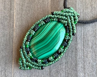 Malachite macrame wrapped stone pendant macrame jewelry cabochon