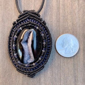 Black Druzy macrame wrapped cabochon pendant handmade jewelry image 2