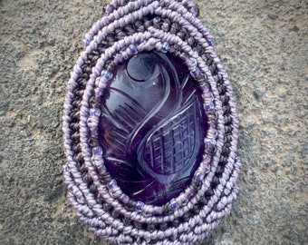 Amethyst macrame wrapped stone pendant macrame jewelry carved cabochon