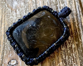 Psilomelane Crown of Silver macrame wrapped stone pendant macrame jewelry cabochon