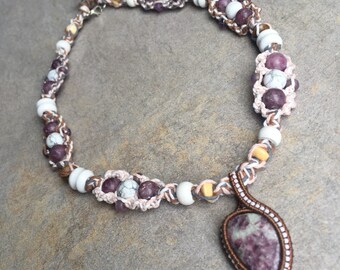 Collab BarePaw pendant lepidolite white howlite wire wrap hemp necklace gypsy jewelry festival wear macrame