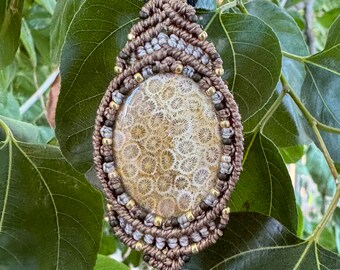 Coral Fossil macrame wrapped stone pendant macrame jewelry cabochon