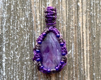 Charoite macrame wrapped stone pendant macrame jewelry cabochon