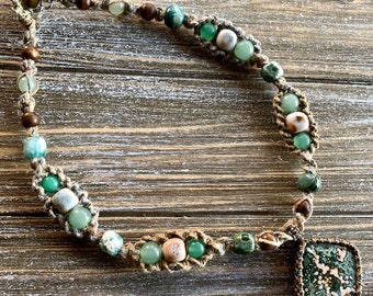 Ocean Jasper And Aventurine hemp macrame necklace jewelry festival wear