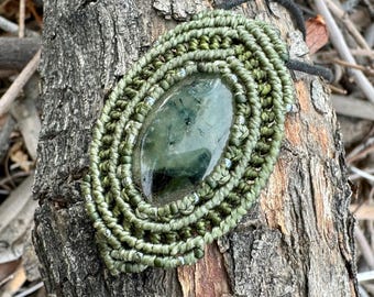 Prehnite macrame wrapped cabochon pendant handmade jewelry