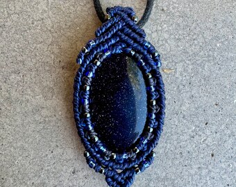 Blue Goldstone macrame wrapped stone pendant