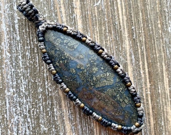 Marcasite macrame wrapped stone pendant pyrite