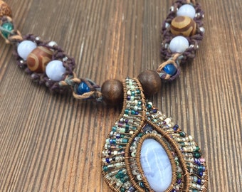 Blue lace agate hemp macrame necklace jewelry festival wear chalcedony